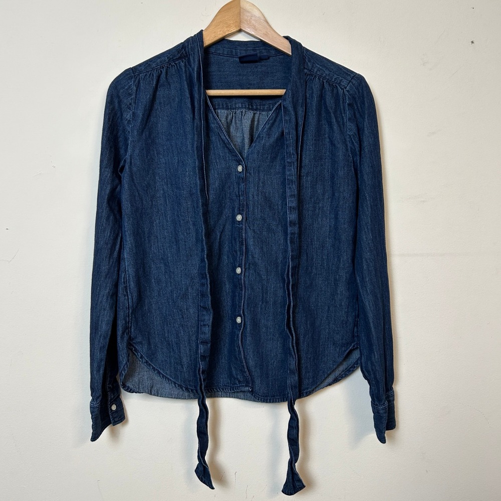 Gap Tailored Dark Wash Denim Tie Neck‎ Blouse XXS Minimalist Career Classic